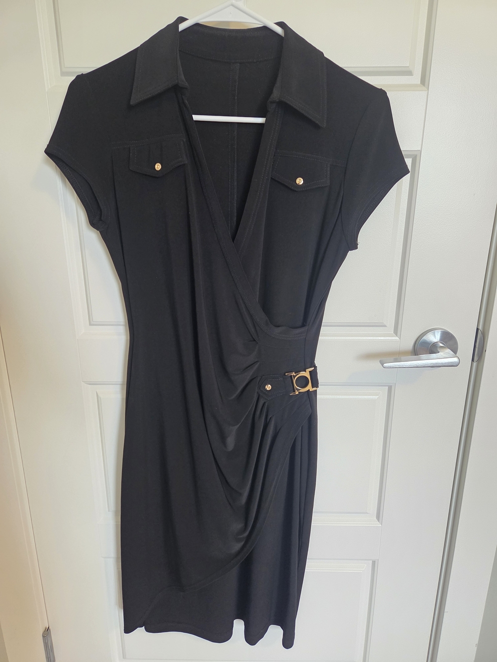 Joseph Ribkoff Black Faux Wrap Sheath Dress Gold Hardware ~ Size 6